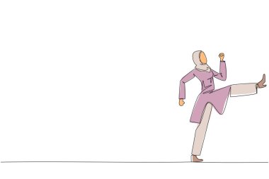 Tekme hareketi yapan Arap iş kadınını çeken tek satır. Mesai saatleri başlamadan esne. İş yapmaya odaklanmak için sağlıklı bir yol. Devamlı çizgi tasarımı grafik çizimi