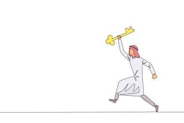 Arabistanlı işadamının anahtarı elinde tuttuğu tek sıra. Kutlama yapıyoruz. Bir atlet gibi hareket et. Yeniden canlanmanın gizli anahtarı. Bir çizgi tasarımı vektör illüstrasyonu