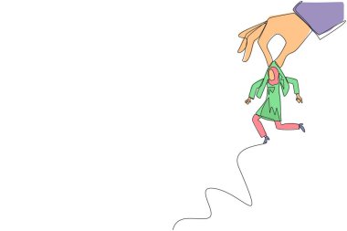 Sürekli tek sıra halinde, Arap iş kadınını kucaklıyor. İş yeri metaforu. Pozisyon transferi. Seviyeyi yükselt. Daha büyük sorumluluklarım var. Tek çizgi çizimi tasarım vektör çizimi