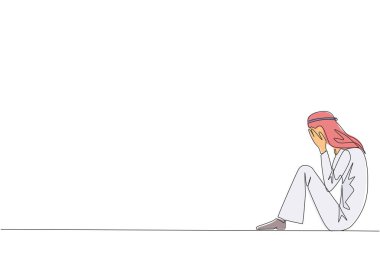 Yüzü örterken Arap iş adamının oturduğu bir çizgi sürekli devam ediyor. Üzgün işadamı, işin kaderinden yakınıyor. İş birimini geliştirme başarısızlığı. Tek çizgi çizimi tasarım vektör çizimi