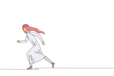 Tek sıra halinde Arap iş adamı hafif egzersiz yapıyor. Koşmak kalp sağlığını korumayı amaçlar. Sağlıklı yaşam tarzı olan bir iş adamı. Akıl sağlığı yerinde. Devamlı çizgi tasarımı grafik çizimi