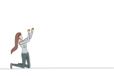 Tek sıra halinde iş kadını diz çöküp dua etmek için ellerini kaldırıyor. İşleri kolaylaştırmak için dua ediyorum. İş kadını umudunu kaybetti. Teslim ol. Üzüntü. Devamlı çizgi tasarımı grafik çizimi