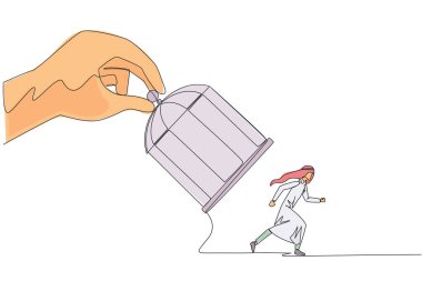 Devamlı bir çizgi, demir kafesi tutan büyük elleri çeker, Arap iş adamını yakalar. Herhangi bir şekilde tuzağa düşmek istiyorum. Tuzağa gir. Haksız iş rekabeti. Kaybettim. Tek çizgi çizimi tasarım vektör çizimi