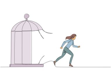 Single continuous line drawing young businesswoman trapped in the cage running through the cage. Metaphor penetrates the maximum limit of self. Desire to succeed. One line design vector illustration clipart
