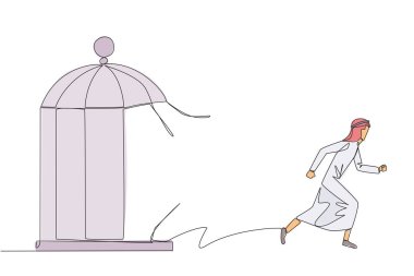 Tek çizgi halinde iki başparmak kaldıran Arap bir adam, yukarıda yarım daire şeklinde 5 yıldız var. Heyecan verici online alışveriş deneyimi. Teftiş 5 yıldızı. Aralıksız çizgi grafik çizimi