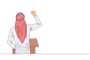 Tek çizgi halinde iki başparmak kaldıran Arap bir adam, yukarıda yarım daire şeklinde 5 yıldız var. Heyecan verici online alışveriş deneyimi. Teftiş 5 yıldızı. Aralıksız çizgi grafik çizimi