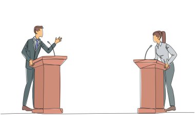Podyumda tartışan işadamı ve işkadını sürekli bir çizgi halinde. Birbirlerine argüman atıyorlar, pes etmek istemiyorlar. Çok iyi hissediyorum. Tek çizgi çizimi tasarım vektör çizimi
