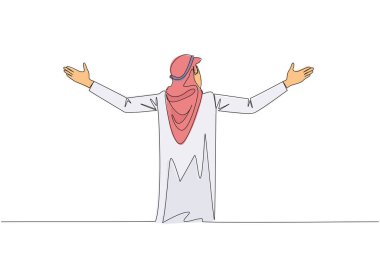 Tek sıra halinde, Arap iş adamının podyumda ellerini açarken dikiz aynasından konuştuğu sahneler. Başarılı bir motivasyon yöntemi gibi. İşi büyütmeye davet et. Tek çizgi çizme vektör illüstrasyonu