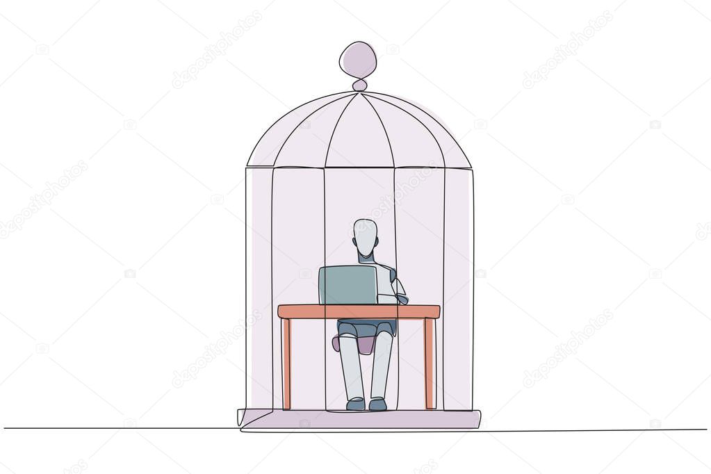 Continuous one line drawing robot trapped in the cage sitting and typing on laptop computer. Tiring routine. Unhappy robot with the many deadline. AI tech. Single line draw design vector illustration