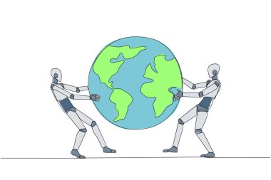 Tek sıra halinde iki güçlü robot dünya üzerinde savaşıyor. Satış genişlemesinin hedefi olacak bölge için mücadele. Agresif. İnsansı. Devamlı çizgi tasarımı grafik çizimi