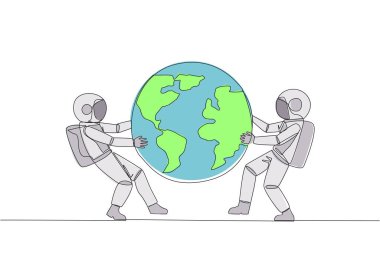 Tek sıra halinde iki güçlü astronot dünya üzerinde savaşıyor. Satış genişlemesinin hedefi olacak bölge için mücadele. Agresif. Uzay boşluğu. Bir çizgi tasarımı vektör illüstrasyonu