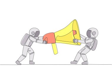 Tek sıra halinde iki duygusal astronot megafon için kavga ediyor. Açık pozisyonları duyurmak ve güvenilir çalışanlar aramak için acele edin. Çatışma. Kozmik. Devamlı çizgi tasarımı grafik çizimi