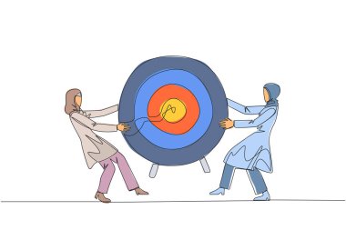 Tek sıra halinde iki kızgın Arap iş kadını ok hedefi tahtası için kavga ediyor. Başarıyı ilk kim elde edecek diye savaşıyoruz. Saldırın! Çatışma. Devamlı çizgi tasarımı grafik çizimi