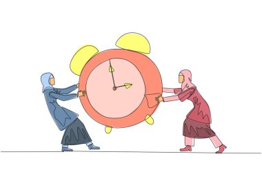 Bir satırda iki duygusal Arap iş kadını çalar saat için kavga ediyor. Nadir bulunan şeyler için savaşma kavramı prestij için. Çatışma. Saldırın! Devamlı çizgi tasarımı grafik çizimi