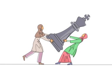 Sürekli iki Arap iş kadınının büyük kral satranç taşları için kavga etmesi. Yatırımcılara yardım ederek bir işi kurtarmanın metaforu. Tek çizgi çizimi tasarım vektör çizimi