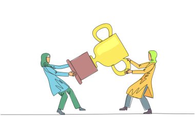 Tek sıra halinde iki Arap iş kadını ödül için kavga ediyor. Ortak şampiyon diye bir şey yok. İki girişimcinin fikirlere tekrar itiraz etmeleri gerekiyor. Bir çizgi tasarımı vektör illüstrasyonu