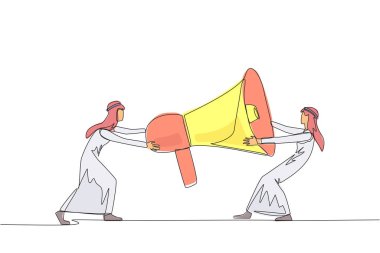 Tek sıra halinde iki duygusal Arap işadamı megafon için kavga ediyor. Açık pozisyonları duyurmak ve güvenilir çalışanlar aramak için acele edin. Çatışma. Devamlı çizgi tasarımı grafik çizimi