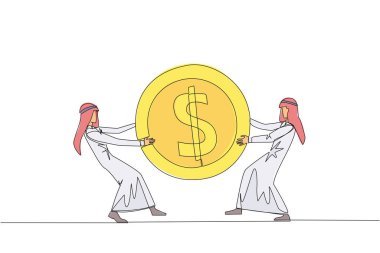 Sürekli iki kızgın Arap işadamının dolar işareti parası için kavga etmesi. Otomattan taze içecek almak için kullanılan son para. Saldırın! Tek çizgi çizimi tasarım vektör çizimi