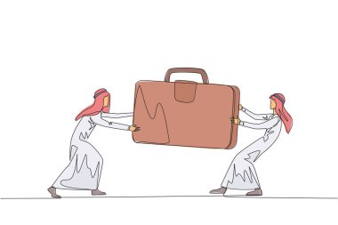 Tek sıra halinde iki saldırgan Arap işadamı evrak çantası için kavga ediyor. Çantadaki müşteri verileri için kavga edin. İş adamı saldırısı. Devamlı çizgi tasarımı grafik çizimi