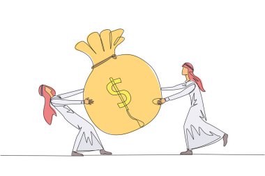 Sürekli iki Arap işadamının para çantası için kavga etmesi. Birkaç hisse halka açıklandıktan sonra ek sermaye için mücadele etmek. Tek çizgi çizimi tasarım vektör çizimi