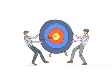 Tek sıra halinde iki kızgın işadamı ok hedefi tahtası için kavga ediyor. Başarıyı ilk kim elde edecek diye savaşıyoruz. Karşı. Saldırın! Çatışma. Devamlı çizgi tasarımı grafik çizimi