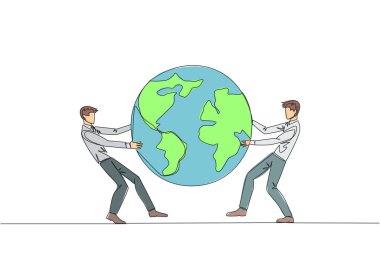 Sürekli bir hat halinde iki güçlü iş adamı dünya üzerinde savaşıyor. Satış genişlemesinin hedefi olacak bölge için mücadele. Agresif. Tek çizgi çizimi tasarım vektör çizimi