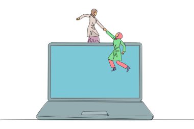 Arap iş kadınının sürekli çizdiği tek çizgi, meslektaşının büyük bir dizüstü bilgisayara tırmanmasına yardımcı oluyor. Çevrimiçi iş geliştirmek için uygulamalar oluşturulmasına yardımcı olur. Harika bir takım çalışması. Bir çizgi tasarımı vektör illüstrasyonu