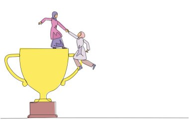 Arap iş kadınının çizdiği tek çizgi, meslektaşının büyük kupaya tırmanmasına yardımcı oluyor. Büyük takım çalışması olmadan elde edilemeyecek bir başarı. Akıllıca bir takım çalışması. Devamlı çizgi tasarımı grafik çizimi