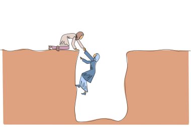Arap iş kadınının çizdiği tek çizgi meslektaşının geniş bir deliğe tırmanmasına yardımcı oluyor. Takım çalışması düşen meslektaşına yardım eder. Birlikte başarıya davet etmek. Uyumlu. Devamlı çizgi tasarımı grafik çizimi