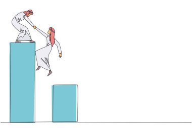 Aralıksız çizilen bir çizgi, iş arkadaşının çubuk grafiğine tırmanmasına yardımcı oluyor. Yükseğe tırmanmaya yardımcı olur. İlerleyin ve birlikte başarın. Takım çalışması. Tek çizgi çizimi tasarım vektör çizimi