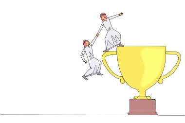 Sürekli çizilen bir çizgi, Arap iş adamının büyük kupaya tırmanmasına yardımcı oluyor. Büyük takım çalışması olmadan elde edilemeyecek bir başarı. Akıllıca bir takım çalışması. Tek çizgi çizimi tasarım vektör çizimi