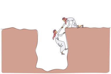 Sürekli çizilen bir çizgi, Arap iş adamının geniş bir deliğe tırmanmasına yardımcı oluyor. Takım çalışması düşen meslektaşına yardım eder. Birlikte başarıya davet etmek. Uyumlu. Tek çizgi çizimi tasarım vektör çizimi