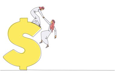 Sürekli çizilen bir çizgi, Arap iş adamının dolar sembolüne tırmanmasına yardımcı oluyor. Birlikte iş kurma arzusu. Süper harika takım çalışması. Uyumluluk. Tek çizgi çizimi tasarım vektör çizimi