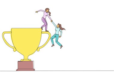 İş kadınının çizdiği tek çizgi, iş arkadaşının büyük kupayı tırmanmasına yardımcı oluyor. Harika bir takım çalışması olmadan elde edilemeyecek bir başarı. Akıllıca bir takım çalışması. Devamlı çizgi tasarımı grafik çizimi