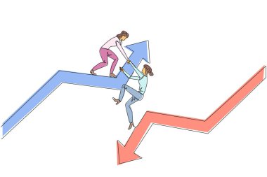 Tek sıra halinde iş kadını çizmek iş arkadaşının ok sembolüne tırmanmasına yardımcı oluyor. Birlikte daha iyi seviye yükseltmek için takım çalışması. Gelmiş geçmiş en iyi ortak. Uyumluluğunuzu koruyun. Bir çizgi tasarımı vektör illüstrasyonu