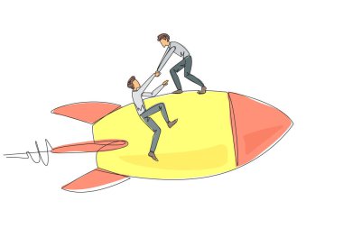 Tek sıra halinde çalışan işadamı, meslektaşının uçan rokete tırmanmasına yardım ediyor. Şirket şubelerini yönetmede metafor yardımı. Önceki işlerdeki gibi hızla yükseldi. Bir çizgi tasarımı vektör illüstrasyonu