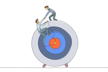 Devamlı bir çizgi çizen işadamı, meslektaşının ok tahtası hedefine tırmanmasına yardım ediyor. Metaforlar görevleri tek seferde tamamlamaya odaklanmaya yardımcı olur. Birlikte başarı. Tek çizgi çizimi tasarım vektör çizimi