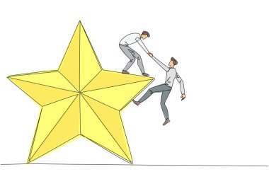 Tek sıra çizen işadamı, meslektaşının büyük yıldıza tırmanmasına yardım ediyor. Birlikte başarı hayallerine ulaşmanın metaforu. Kariyerin için iyi bir pozisyon. Devamlı çizgi tasarımı grafik çizimi