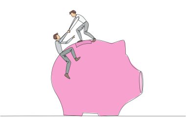 Tek sıra çizen işadamı, meslektaşının kumbaraya tırmanmasına yardım ediyor. Birbirinize kibarca hatırlatın. Geleceğe yatırım. Süper harika takım çalışması. Devamlı çizgi tasarımı grafik çizimi