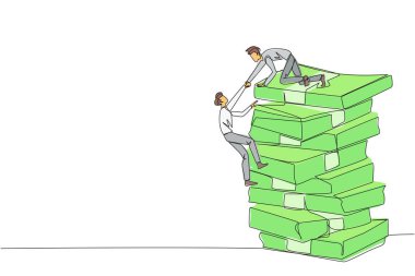 Tek sıra halinde işadamı çizmek, iş arkadaşının büyük banknotlara tırmanmasına yardımcı oluyor. Bulaşıcı başarı. Başarı için bahşişleri paylaşın. Takım çalışması ikramiyesi. Uyumluluk. Bir çizgi tasarımı vektör illüstrasyonu
