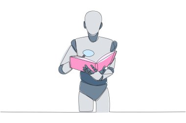 Elinde büyüteç tutarken akıllı robot okuma kitabı çizen tek satır. Robotların aletler olmadan tanıyamayacağı küçük harfler. Bir şey arıyorum. Bir çizgi tasarımı vektör illüstrasyonu