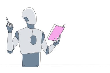 Devamlı tek satır halinde, ayakta duran bir robot kitap çiziyor. Jest fikri kapar. Kitap farklı bakış açılarından görebilir. Kitap okumaktan harika bir fikir. Tek çizgi çizimi tasarım vektör çizimi