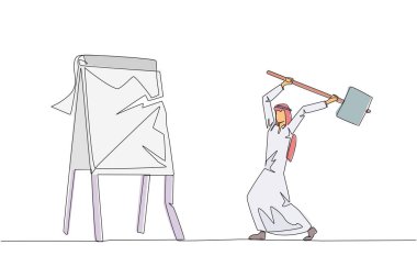 Arap işadamının büyük bir kapak yapmaya hazırlandığı tek satır devam ediyor. Öfke. İstenmeyen iş raporlarını yok et. Öfke patlaması. Tek çizgi çizimi tasarım vektör çizimi