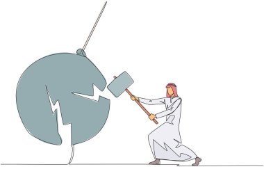 Tek sıra halinde, Arap işadamı büyük sallanan sarkaçı vurmaya hazırlanıyor. Metafor, iş eğlencelerini ortadan kaldırır. Bir numara, iş adamı olmak. Bir çizgi tasarımı vektör illüstrasyonu