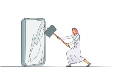 Sürekli bir çizgi halinde Arap işadamı büyük akıllı telefona saldırmaya hazırlanıyor. Teknoloji düzgün kullanılmazsa yıkıcı olabilir. Zeka gereklidir. Tek çizgi çizimi tasarım vektör çizimi