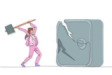 Tek sıra halinde iş kadını büyük bir kasayı soymaya hazırlanıyor. Patron çok öfkeli. Çekiçle yok etmek istiyor. Kızgın iş kadını. Dosyayı kaybediyorum. Bir çizgi tasarımı vektör illüstrasyonu