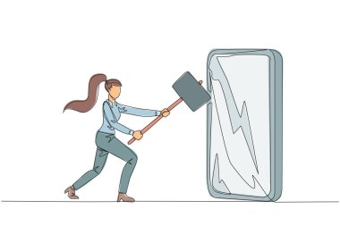 Devamlı tek sıra halinde, iş kadını büyük akıllı telefona saldırmaya hazırlanıyor. Öfke. Teknoloji düzgün kullanılmazsa yıkıcı olabilir. Zeka gereklidir. Tek çizgi çizimi tasarım vektör çizimi