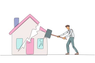 Minyatür eve saldırmaya hazırlanan tek sıra halinde iş adamı. Evin metaforu ödeme için teminat. İşler kötü gidiyor. Ev gitti. İflas etti. Bir çizgi tasarımı vektör illüstrasyonu