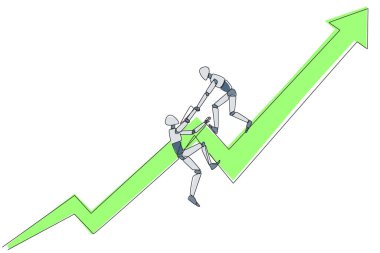 Tek ve kesintisiz çizgi akıllı robot çizimi meslektaşımızın yükselen ok sembolüne tırmanmasına yardımcı olur. Tatmin edici hedeflere ulaşmak için birbirinize yardım edin. Birlikte büyüyelim. Bir çizgi tasarımı vektör illüstrasyonu