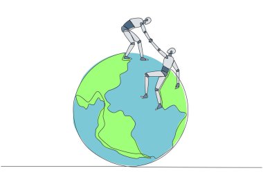 Akıllı robotları çeken tek bir çizgi meslektaşımızın büyük küreye tırmanmasına yardımcı olur. Dünya 'nın zirvesine yükselen işlerle ulaşma metaforu. Harika bir takım çalışması. Bir çizgi tasarımı vektör illüstrasyonu